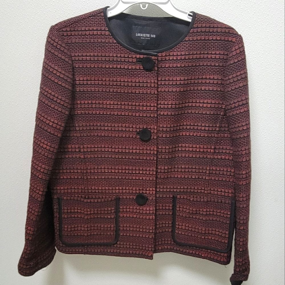 LAFAYETTE 148 NEW YORK Tweed Blazer Jacket Dark Red and Black Size Small